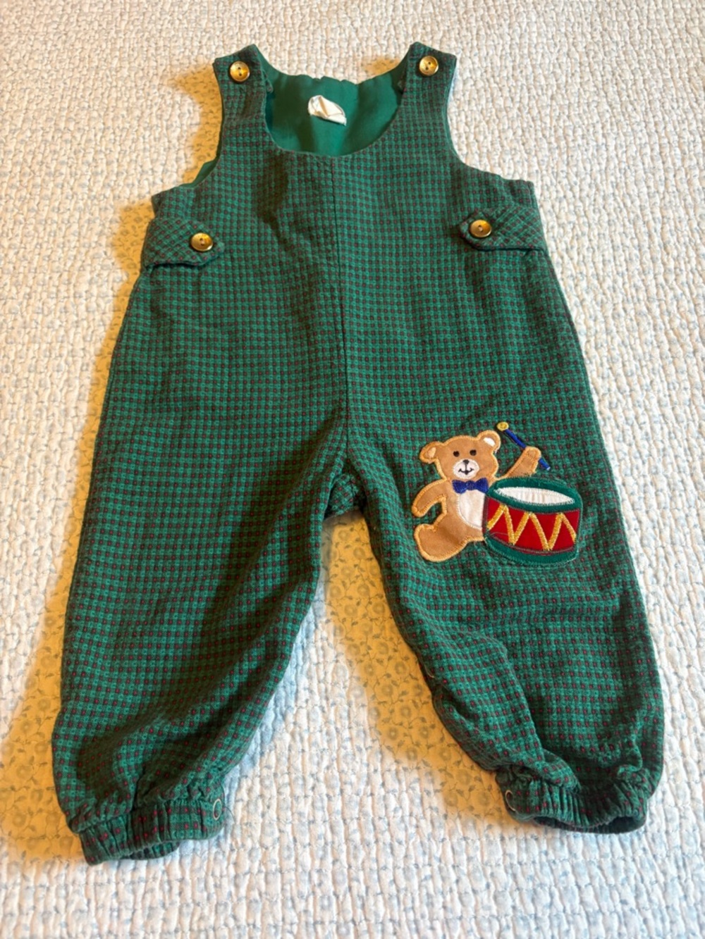 Vintage Cotton Overalls Green Plaid Drummer Bear